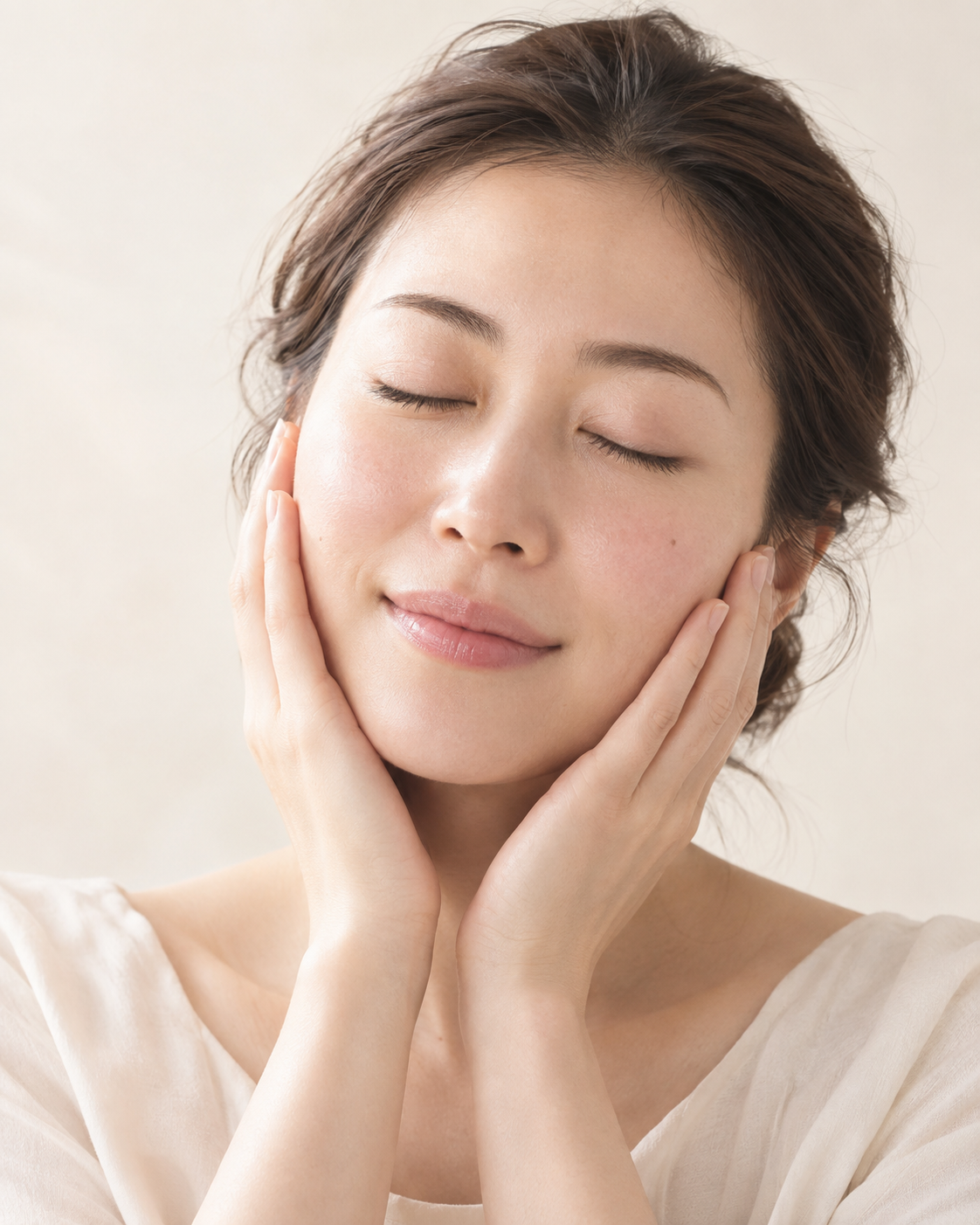 目を閉じて、手のひらで頬を包む女性